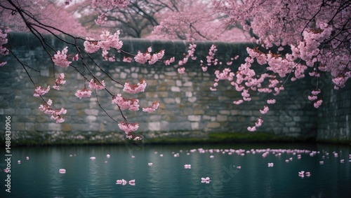 Cherry blossoms enveloping the castle's stone wall during spring photo