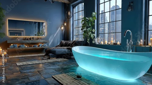 Elegant marble spa bathroom with skylight ceiling, large tub with blue LED lighting, and candlelit ambiance
