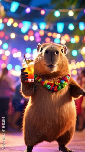 Funny capybara drinking cocktail, dancing on the hawaii party