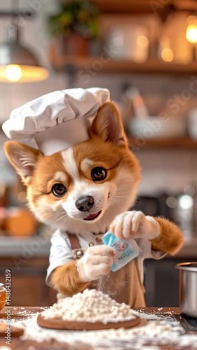 A happy dog in a chef's hat drops flour on the table, vertical video 