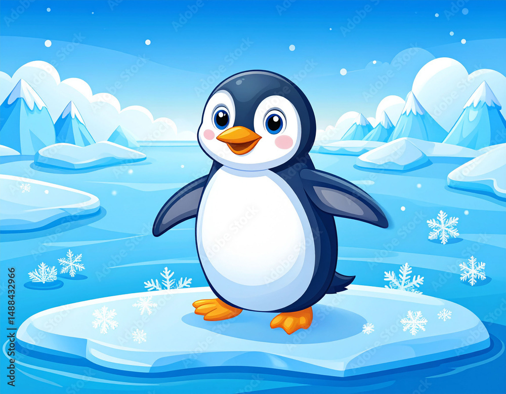 Obraz premium the scene features a cartoon styled penguin standing on a floating piece of ice. the penguin has a white belly, dark feathers on its back, and a cheerful expression with a bright orange beak and feet