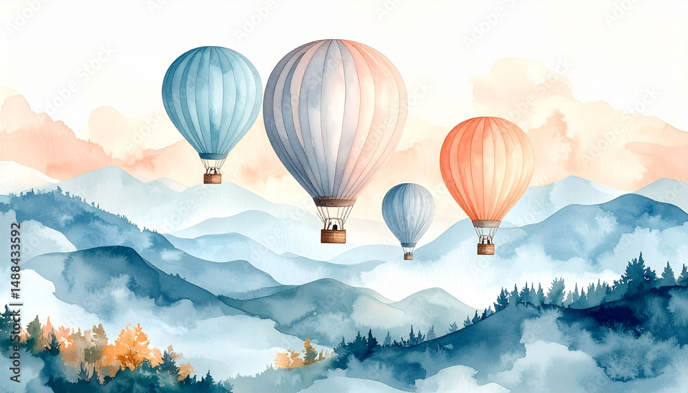 Obraz premium the image depicts a serene landscape with several air balloons drifting across the sky. below, a range of mountains extends into the distance, shrouded in a light mist