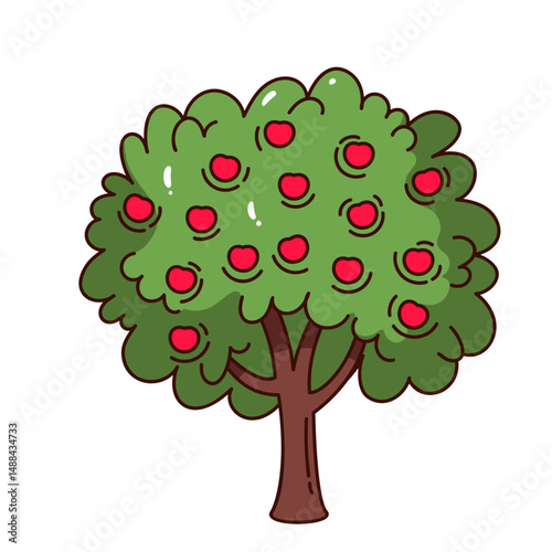 Green apple tree with round crown full of red fruits. Cute cartoon doodle style with thick outline and simple shapes. Farming or kids design element. Vector illustration.