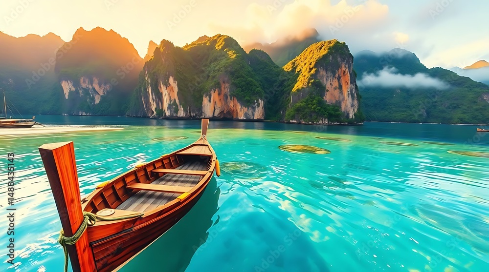Obraz premium Longtail boat on turquoise sea with island mountains in the background