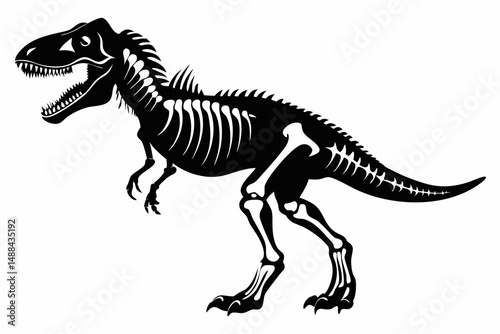 tyrannosaurus rex skeleton silhouette line art vector illustration with a white background