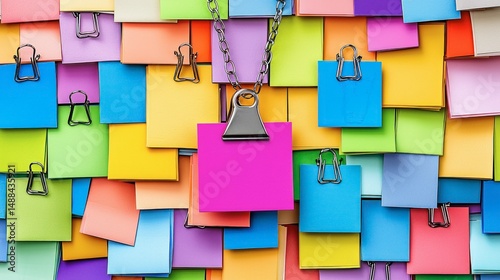 Multicolored sticky notes arranged densely with a metal clip.