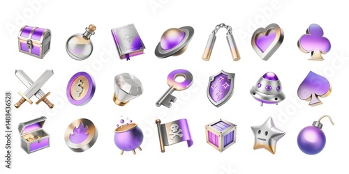 3d icon set of metallic game icons, in gold, silver and purple tones