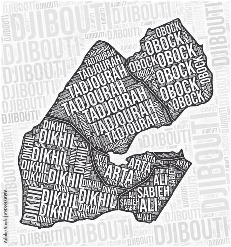 Djibouti regions map word cloud. Djibouti region names. Black and white map design. Amazing vector illustration.