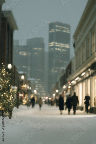 serene christmas scene in busy american city with soft glowing lights adorning buildings and streets