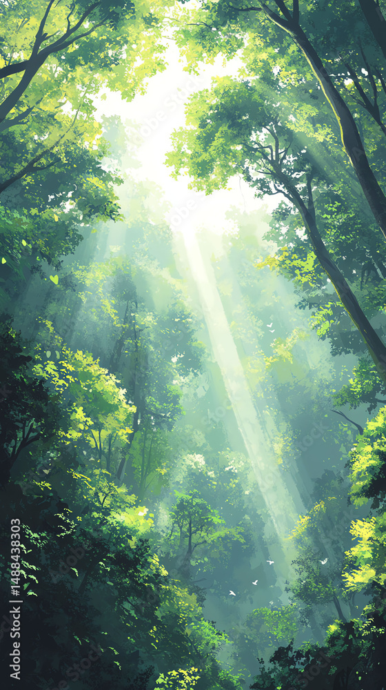 Obraz premium Luminous Rays Illuminate Lush Green Forest A Pastel Digital Painting