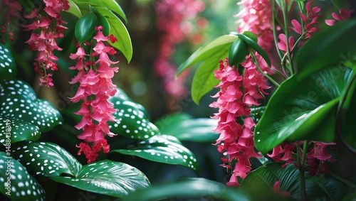 Ruby flower adorned with white spots on its leaves in the garden. photo