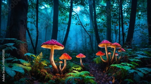Enchanted forest with glowing mushrooms and mystical fog, fantasy style, hyper-realistic, vibrant colors