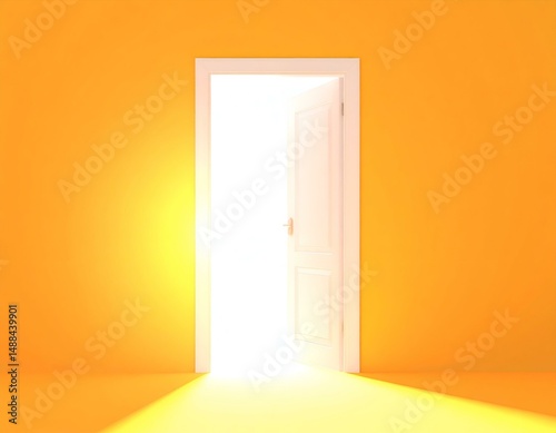 Open door, bright light, yellow room, new beginnings, hope, opportunity.  Image of an open door with bright light shining through, set against a vibrant yellow wall.