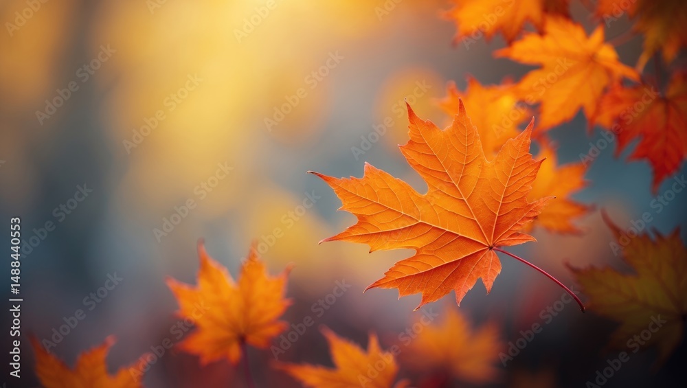 Bright and vibrant maple leaf close-up against a wide, blurred fall landscape Bright and vibrant maple leaf close-up against a wide, blurred fall landscape