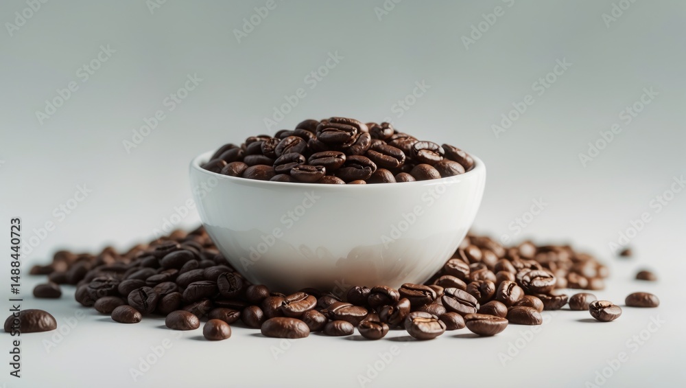 Fototapeta premium A plain background featuring a white ceramic bowl brimming with roasted coffee beans, showcasing their rich texture and earthy hues, perfect for coffee or culinary imagery.