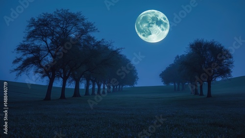 The Full Moon casts silhouettes of trees in the field.