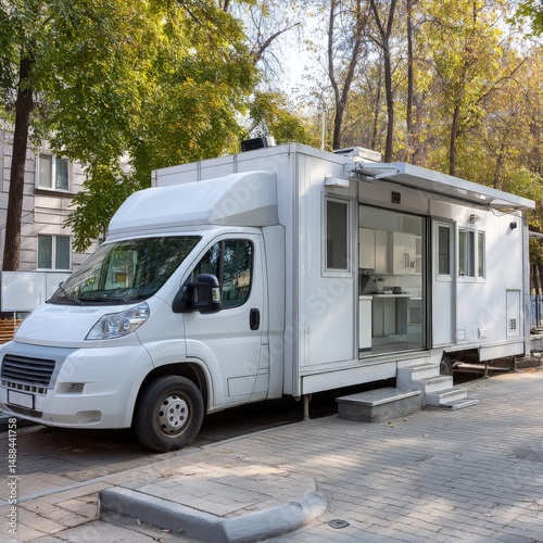 Modern mobile home parked in urban setting, showcasing sleek design and large windows, perfect for innovative living space or temporary accommodation solutions.