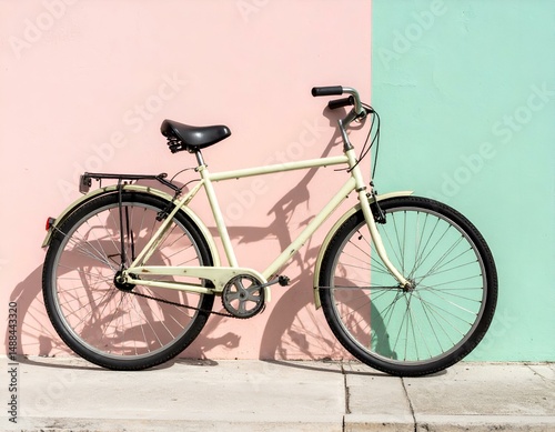 Pastel-colored bicycle leaning against a pink and mint green wall.  Perfect for travel, lifestyle, and summer themes.