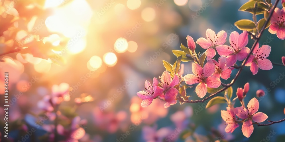 Fototapeta premium Blossoming pink flowers under golden sunlight in a serene spring garden during sunset