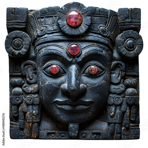 Hand-carved stone relic of a god, with intricate facial features and gemstone eyes, isolated on white background.