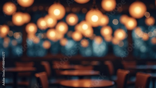 Nighttime cafe illuminated with a soft glow.
