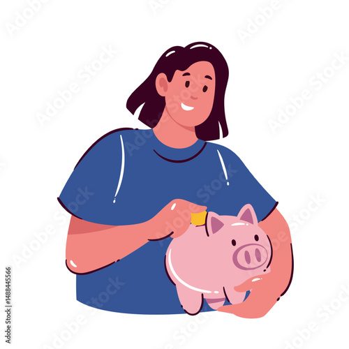 Woman putting coin into pink piggy bank, symbolizing saving money, personal budget, and financial planning. Cartoon doodle style for finance, economy, or banking. Vector illustration.