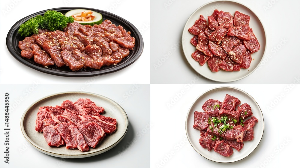 Four plates featuring prepared red meat in various cuts, seasoning, and garnishes Four plates featuring prepared red meat in various cuts, seasoning, and garnishes