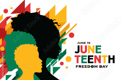 Juneteenth, June 19, Freedom day design with 
silhouettes of African American man, woman, 
Red, yellow & green geometric 
modern abstract banner background