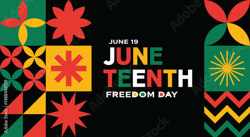 Juneteenth freedom day text celebration banner with 
Modern simple style flat colorful geometric 
abstract background banner pattern template, June 19