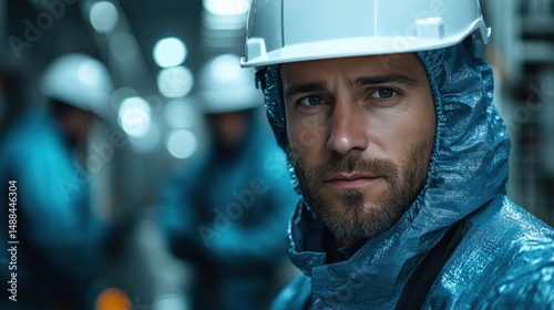Focused worker in protective gear