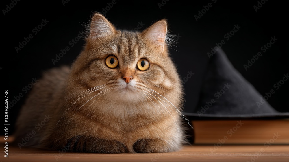 Fototapeta premium Fluffy Cat Wearing Wizard Hat Sitting Beside Open Spellbook with Magical Sparkles in Dark Setting