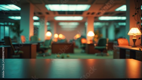 Blurry abstract interior workspace at night with defocused elements.
