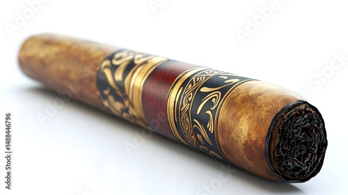 A detailed close-up shot of a freshly smoked cigar, featuring intricate decorative banding in shades of gold and brown. The foreground is in sharp focus