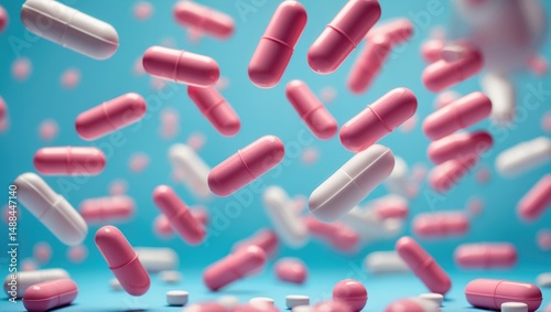Tablets, Capsules, and Flying Pills Isolated Against Background: Exploring Medical Concepts of Health, Disease, and Drug Addiction.