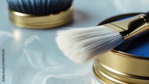 Close-up of a cat tongue paintbrush with white bristles in a brass container. Ideal for oil painting. Set against a light background. photo