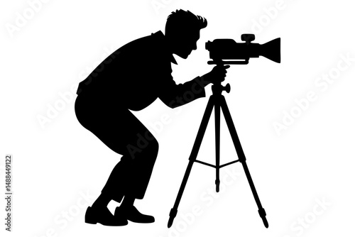 man taking photo using tripod silhouette line art vector illustration with a white background