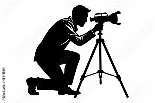 man taking photo using tripod silhouette line art vector illustration with a white background