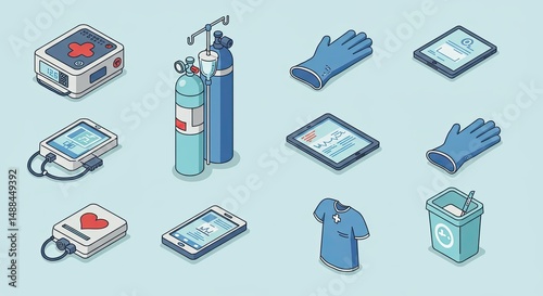 Isometric medical equipment and supplies illustration in a flat design style