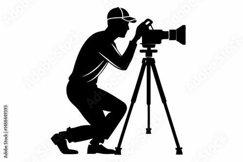 man taking photo using tripod silhouette line art vector illustration with a white background