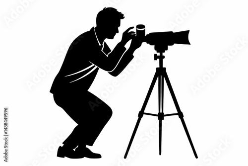 man taking photo using tripod silhouette line art vector illustration with a white background