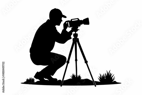 man taking photo using tripod silhouette line art vector illustration with a white background