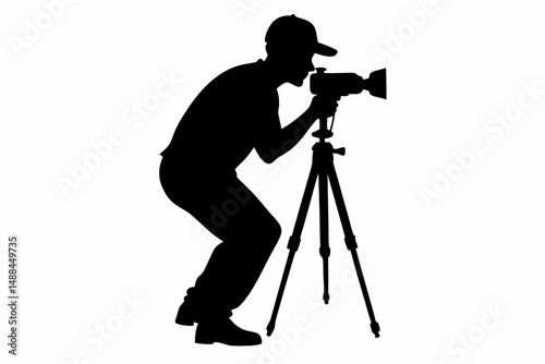 man taking photo using tripod silhouette line art vector illustration with a white background