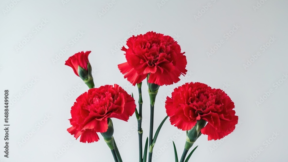 Obraz premium Single bouquet of three colorful carnations against a plain background