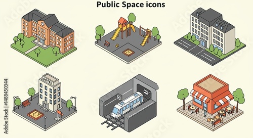 Isometric Public Space Icons Cityscape Illustrations