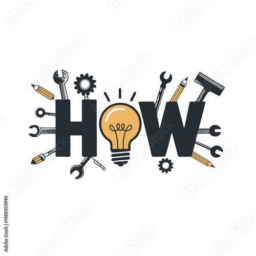 The word HOW is creatively designed with a lightbulb forming the O and surrounded by various tools like wrenches and pencils, symbolizing problem-solving and innovation
