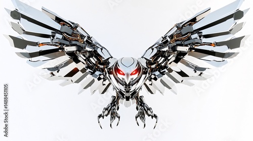 A futuristic, mechanical owl spreads its wings against a white background, with glowing red eyes. The design is intricate, a blend of metal and artistry