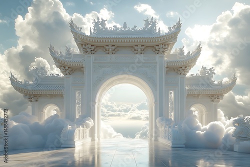 Majestic white temple in the clouds depicting serenity and heavenly architecture