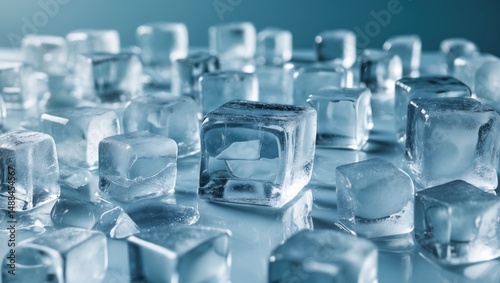 Multiple ice blocks set on a refreshing, winter-themed background