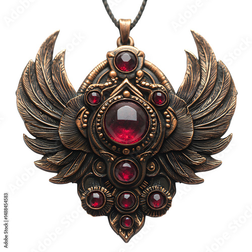 Hand-forged copper amulet, shaped like a phoenix with glowing ruby eyes, isolated on white background.