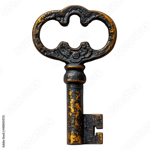 Hand-forged iron key with a delicate golden handle, thought to open an ancient tomb, isolated on white background.